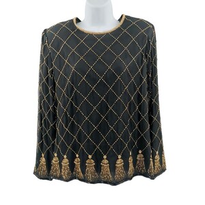 Blusa vintage de seda con cuentas negras y doradas / Laurence Kazar / Talla mediana