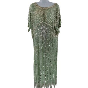Vintage Mint Green & Silver Sequin Dress with Beaded Pearl Fringes | Large