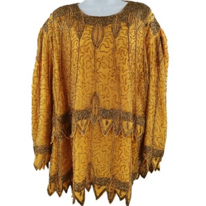 Vintage Mustard Yellow Silk Beaded Top with Gold Beading & Embroidery | Tag Size 4X