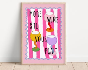 Wine Print Art Poster Bottle Of Wine Glass Colourful Dining Room Prints Kitchen Art Pink Typography, Table Dressing