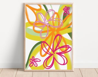Tropical paradise, Abstract Painting, Botanical Print, Floral Illustration, Flower Poster, Pink Art, Rainbow Poster