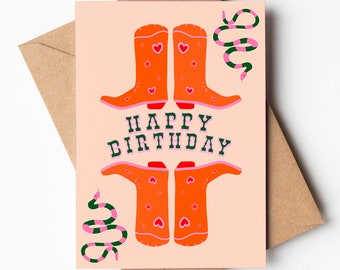 A6 Card | Cowgirl | Cowboy Boots | Horseshoe Good Luck | Western Inspired Prints | Happy Birthday Card | Pink Card | Howdy | Lets Go Girls