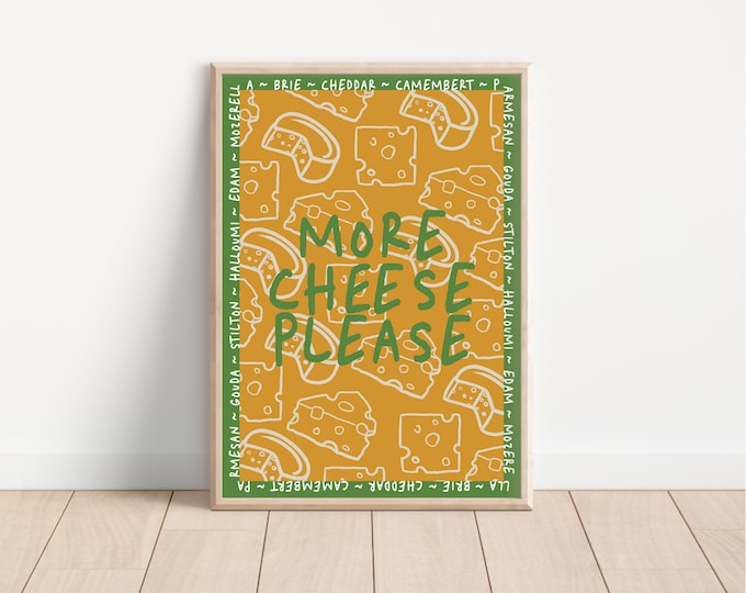 Kitchen Print, Italian Art Print, Food Typography Wall Art, Dining Room, Bold Type Prints, Colourful Wall Prints, More Cheese Please