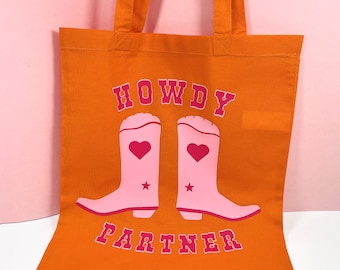 howdy partner cowgirl western totebag shopper bag yeehaw Dolly Parton pink cactus horseshoe