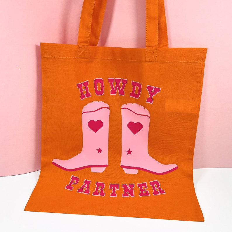 howdy partner cowgirl western totebag shopper bag yeehaw Dolly Parton pink cactus horseshoe image 1