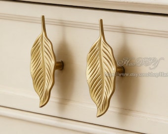 Solid Brass Leaf Cabinet Handles Knobs, Leaf Dresser knob, Leaf Shaped Drawer Vintage Knob, DIY Pulls Handle, Cabinet Hardware