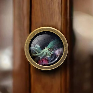 May include: A round, brass cabinet knob with a glass insert featuring a green octopus with pink tentacles in a dark blue and purple background.