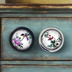 May include: Two round cabinet knobs with a black and silver finish. The knobs feature a white background with a floral design and a bird. The text "Hao D.F." is visible in the bottom right corner of the image.