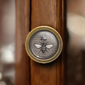 May include: A round, brass-colored cabinet knob with a glass insert. The glass insert features a black and white image of a bee wearing a crown, with a background of gray script.