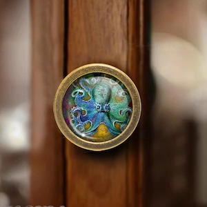 May include: A round, brass cabinet knob with a glass insert featuring a colorful octopus illustration.