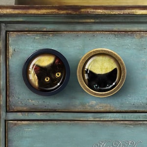 Puede incluir: Dos tiradores de cajón de gato negro, uno con marco negro y otro con marco de latón. Ambos tiradores presentan una imagen de estilo vintage de un gato negro con ojos amarillos.