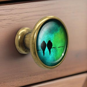 Puede incluir: Pomo de armario decorativo con acabado de latón. El inserto de vidrio redondo presenta un fondo verde y turquesa con dos siluetas de pájaros negros posados ​​en un alambre. El pomo está sujeto a un cajón de madera.