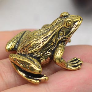 Puede incluir: Una pequeña y detallada figura de rana de latón. La rana está en posición sentada con las patas delanteras extendidas. La figura tiene una superficie texturizada y un color marrón dorado. El nombre y la URL de la tienda Etsy son visibles en la parte inferior de la imagen.