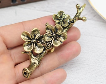 Puxadores de armário de latão maciço com flores de bronze, puxadores de gaveta, puxadores de cômoda, puxadores de cozinha, puxadores de armário