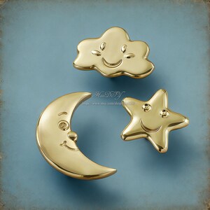 Solid Brass Moon Star Cloud Knobs Decorative Cabinet Drawer Pulls Moon Knobs Sun knbos Star knbos Cabinet Hardware Children's Room Knobs