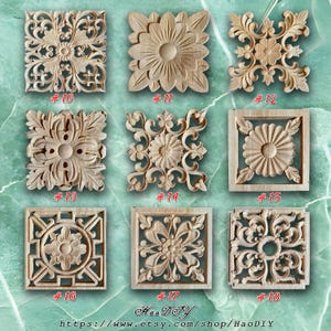 May include: Eight wooden decorative squares with intricate carved designs. The squares are numbered 10 through 18. The designs are all different and feature floral and geometric patterns.