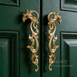 Può includere: Due maniglie dorate ornate con un design a forma di drago. Le maniglie sono montate su una porta verde scuro. Le maniglie hanno una forma curva e fluida con dettagli intricati.