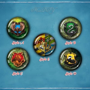 May include: Four round, glass buttons featuring different Harry Potter house crests. The crests are Gryffindor, Slytherin, Hufflepuff, and Ravenclaw. The buttons are green, yellow, red, and blue.