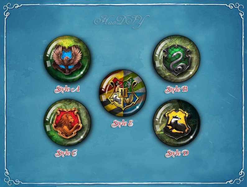 May include: Four round, glass buttons featuring different Harry Potter house crests. The crests are Gryffindor, Slytherin, Hufflepuff, and Ravenclaw. The buttons are green, yellow, red, and blue.