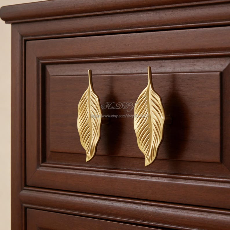 Boutons de poignées d'armoire en laiton massif, bouton de commode en forme de feuille, bouton vintage de tiroir en forme de feuille, poignée de tirage bricolage, quincaillerie d'armoire image 4