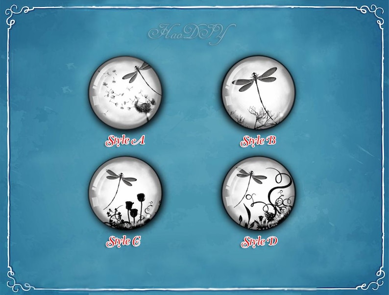 May include: Four round glass cabochons with dragonfly designs in black and white. Each cabochon features a different nature-inspired design, including a dandelion, branches, flowers, and swirling vines. The text "Style A", "Style B", "Style C", and "Style D" is below each cabochon.