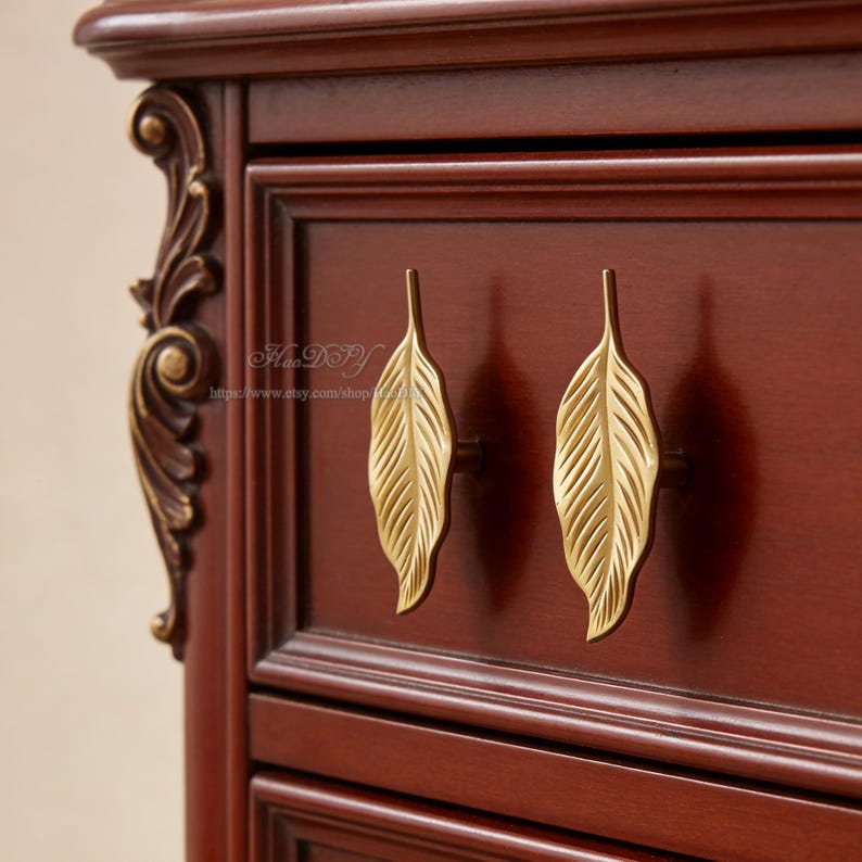Boutons de poignées d'armoire en laiton massif, bouton de commode en forme de feuille, bouton vintage de tiroir en forme de feuille, poignée de tirage bricolage, quincaillerie d'armoire image 3