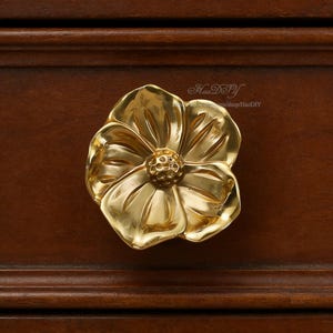 May include: A gold-colored, flower-shaped cabinet knob. The knob is made of metal and has a detailed floral design with multiple petals and a textured center. The knob is mounted on a dark brown wooden surface.