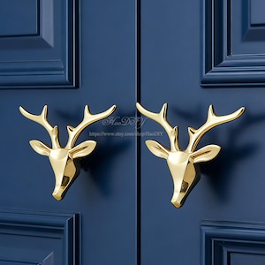 真鍮製鹿の頭のキャビネット取っ手、ユニークなドレッサー用取っ手、真鍮製の動物型引き出し取っ手、真鍮製ワードローブ用取っ手