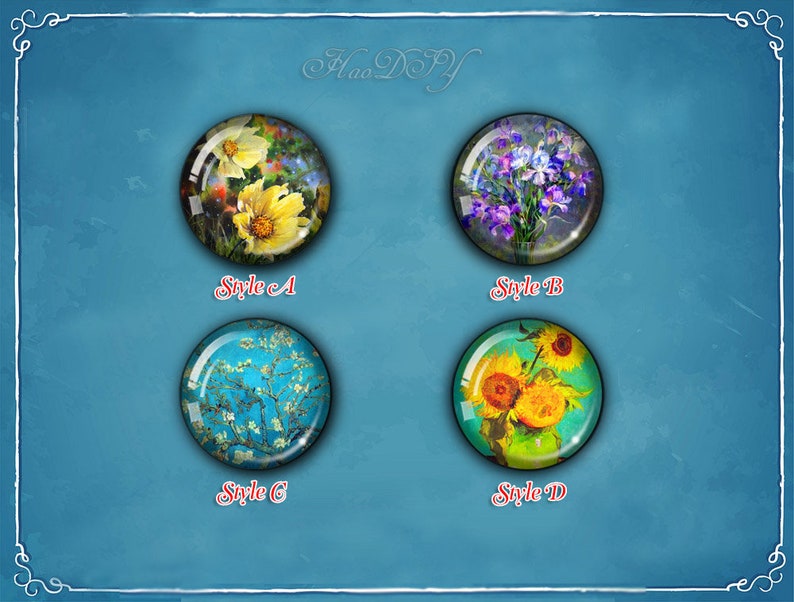 Peut inclure: Quatre ornements ronds en verre avec diff&eacute;rentes peintures florales. Les ornements pr&eacute;sentent une fleur jaune, des iris violets, un ciel &eacute;toil&eacute; bleu et blanc et des tournesols jaunes.