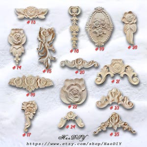 May include: Assortment of 12 wooden rose-shaped embellishments for furniture, crafts, and home decor. The embellishments are in various sizes and shapes, with intricate details and a natural wood finish.