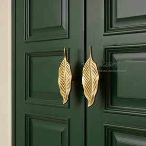 Boutons de poignées d'armoire en laiton massif, bouton de commode en forme de feuille, bouton vintage de tiroir en forme de feuille, poignée de tirage bricolage, quincaillerie d'armoire image 2