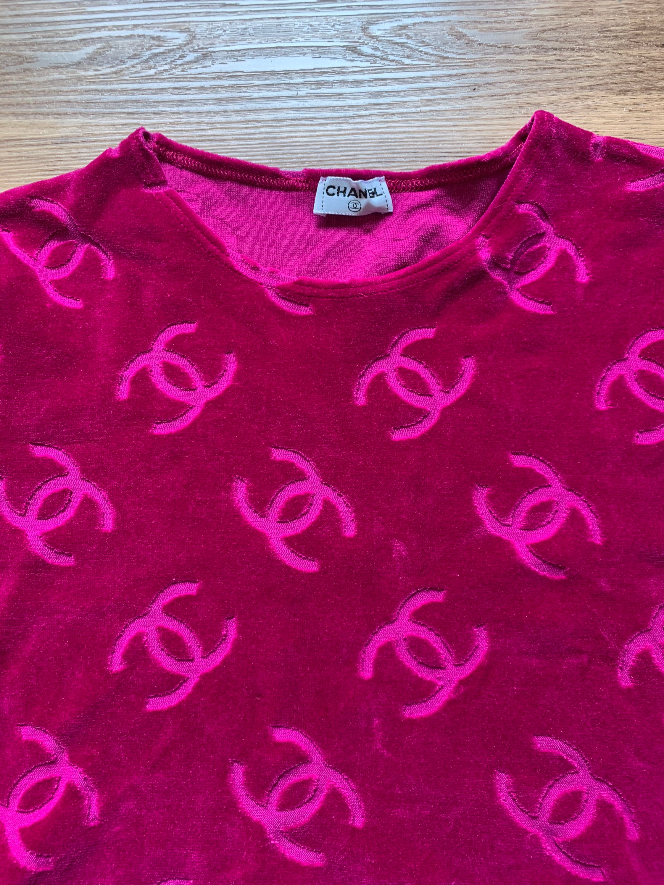 Mermaid Vibes — Chanel pink logo monogram velvet plunging micro