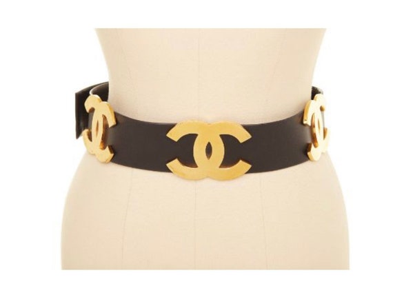 CHANEL VINTAGE HUGE GOLD CC BLACK LEATHER WIDE BELT