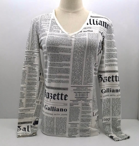 John Galliano Newspaper Print V-Neck Long Sleeve S