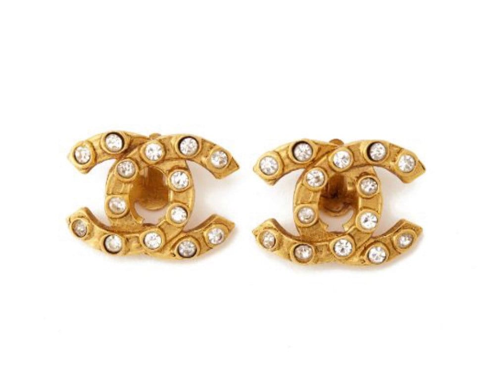 CHANEL CC Stud Earrings in Gilt Metal, Pearl and Rhinestones