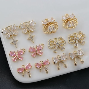 6pcs Shiny Zircon Bowknot Charm, CZ Pave Bow Pendant, Gold Plated Bow tie Pendant, Dainty Earring Charms, Cute bow Jewelry Findings