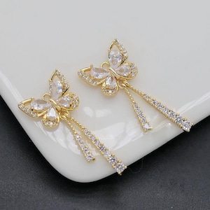 10pcs CZ Paved Bowknot Tassel pendant Charm, Gold Plated Brass Bowtie Charm, Zircon Bow Pendant, Earring Necklace Connector, Crafts Supplies
