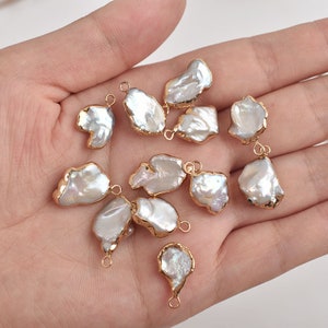 6pcs Natural Baroque Pearl Charm, Fresh Water Pearl pendant,14-15mm  Freeform Baroque Pearl Charm, Gold Plated Edged Pearl Pendant