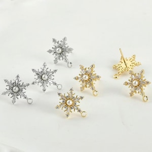 4pcs Zircon Snowflakes Ear Stud With loop, Gold Plated Brass Snowflakes Post Earring, Jewelry Making Material,CZ Pave Charms