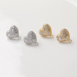 4pcs Gold Plated Brass Heart Ear Studs,Post earring stud, Zircon Earring Studs With Loop, earring connector,Earring findings jewelry supply,