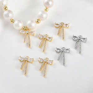 4pcs Cubic Zirconia Bowknot Pendant, Gold Plated Brass CZ Pave Zircon Bow tie Charm, Earring Necklace Findings, Jewelry Accessories