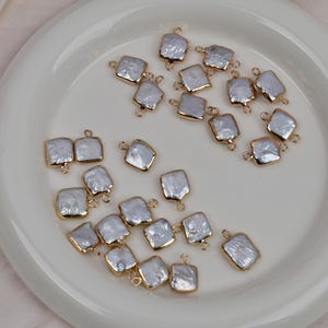 4pcs Gold Plated Edged Pearl Pendant,Natural Baroque Pearl Charm, Irregular Square Freshwater Pearl Pendant Connector,Jewelry Supplies