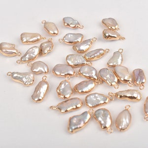 6pcs Natural Baroque Pearl Charm, irregular Freshwater Pearl pendant,14-15mm  Freeform Baroque Pearl Charm, Gold Plated Edged Pearl Beads
