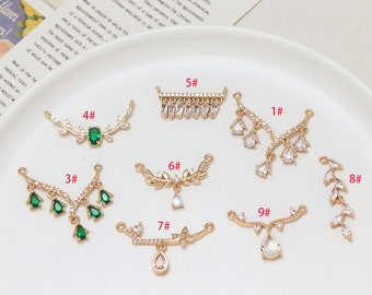 10pcs CZ Pave Leaf Charm, Cubic Zirconia Drop Connector,Gold Plated charm,Making Jewelry