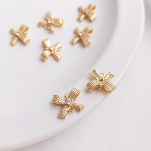 6pcs CZ Paved Bowknot Charm, Zircon Bow tie Pendant with Two loops, Gold Tiny Bow Earring Necklace Findings, DIY Jewelry Making