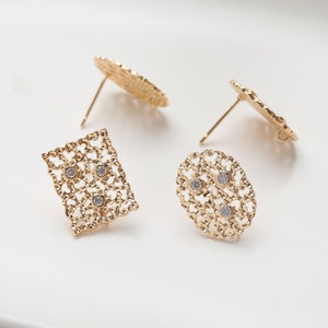 4pcs Gold Plated Brass Oval Ear Studs, Zircon Rectangle Earring Studs, Post Earring connector, Earring findings jewelry supply