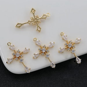 6pcs CZ Paved Cross Pendant Charm, 19x27mm,Cubic Zirconia Setting DIY Supply, Gold Plated Findings, Necklace Charms, DIY Material