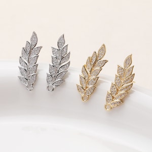 2pcs Gold Plated Leaf Post earring Studs, Zircon Earring Studs With loop, Post Earring connector, Earring findings jewelry supply