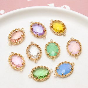 10pcs Clear Crystal Glass Charm Pendant,21 colors Glass Faceted Frame Connector,Oval Gemstone Charms, Jewelry Supplies Findings, 14x22mm