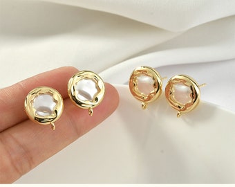 4pcs Baroque Pearl Stud Earrings With Loop, Round Earring Post, 18K Real Gold Plated Brass Earring Stud Components, Earring Connector